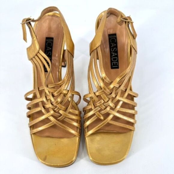 Casadei Womens Leather Peep Toe High Heel Strappy Platform Sandals Gold Size 8.5 - Picture 2 of 11
